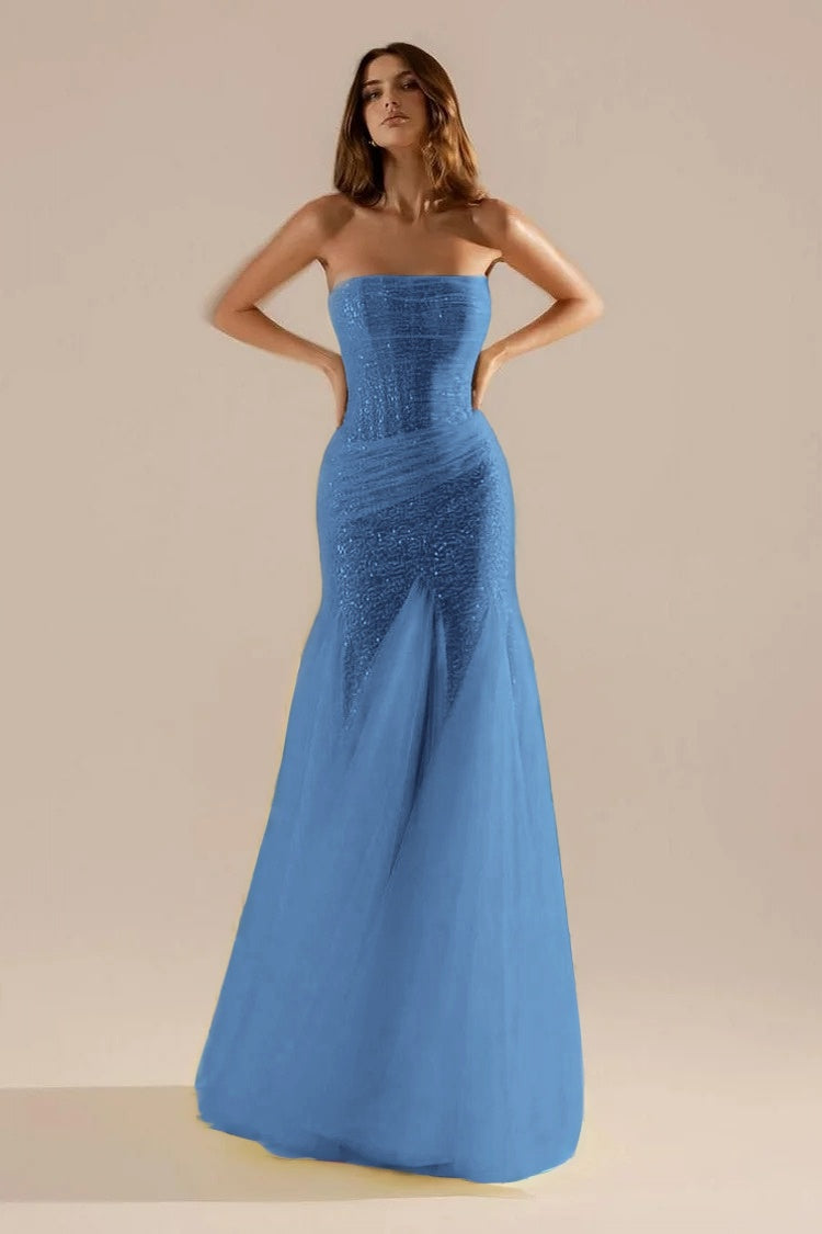 Sleeveless Strapless Square Prom Dress With Sequins