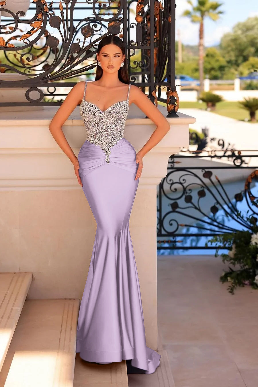 Stunning Purple Satin Sleeveless Spaghtti Strap Mermaid Prom Dress with Beadings