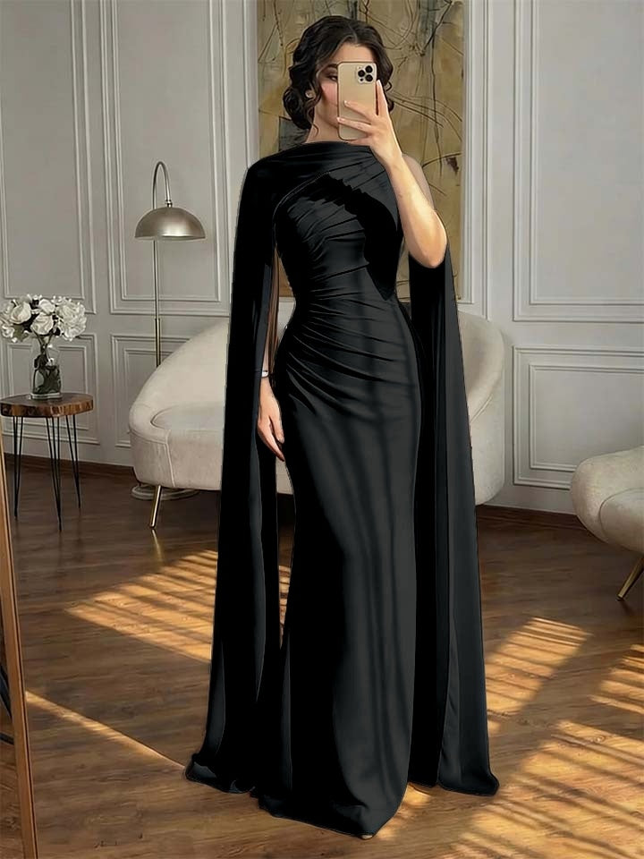 Fashionable Dark Navy Asymmetric Sleeveless Pleated Prom Dress With Scarf