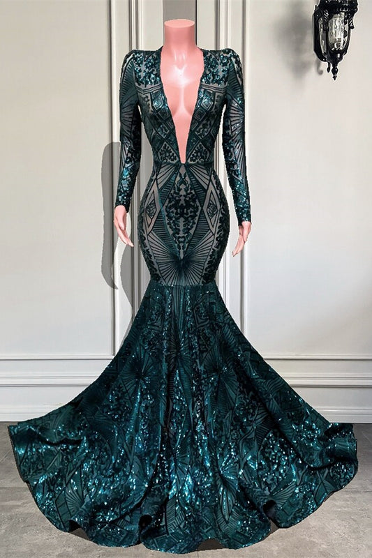 Emerald Long Sleeves V-Neck Sequins Lace Prom Dress Mermaid