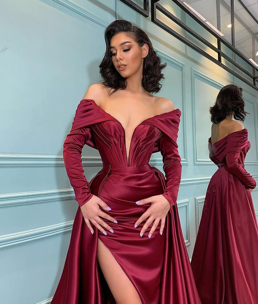 Long Sleeves Burgundy Evening Dress Mermaid