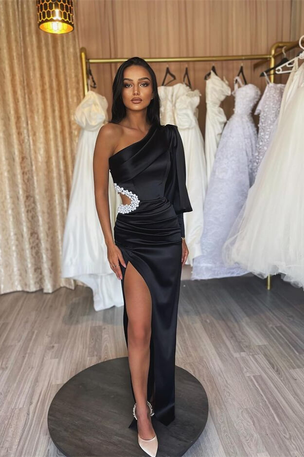 Black Mermaid Prom Dress One Sleeves With  Beaded