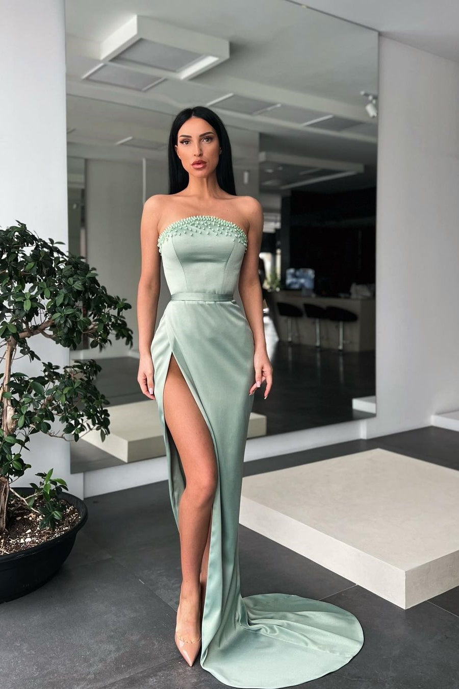 Long Strapless Mermaid Prom Dress With Slit