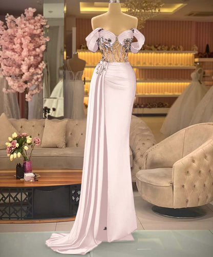 Elegant Off-the-shoulder Royal Blue Beaded Sleeveless Prom Dress with Split