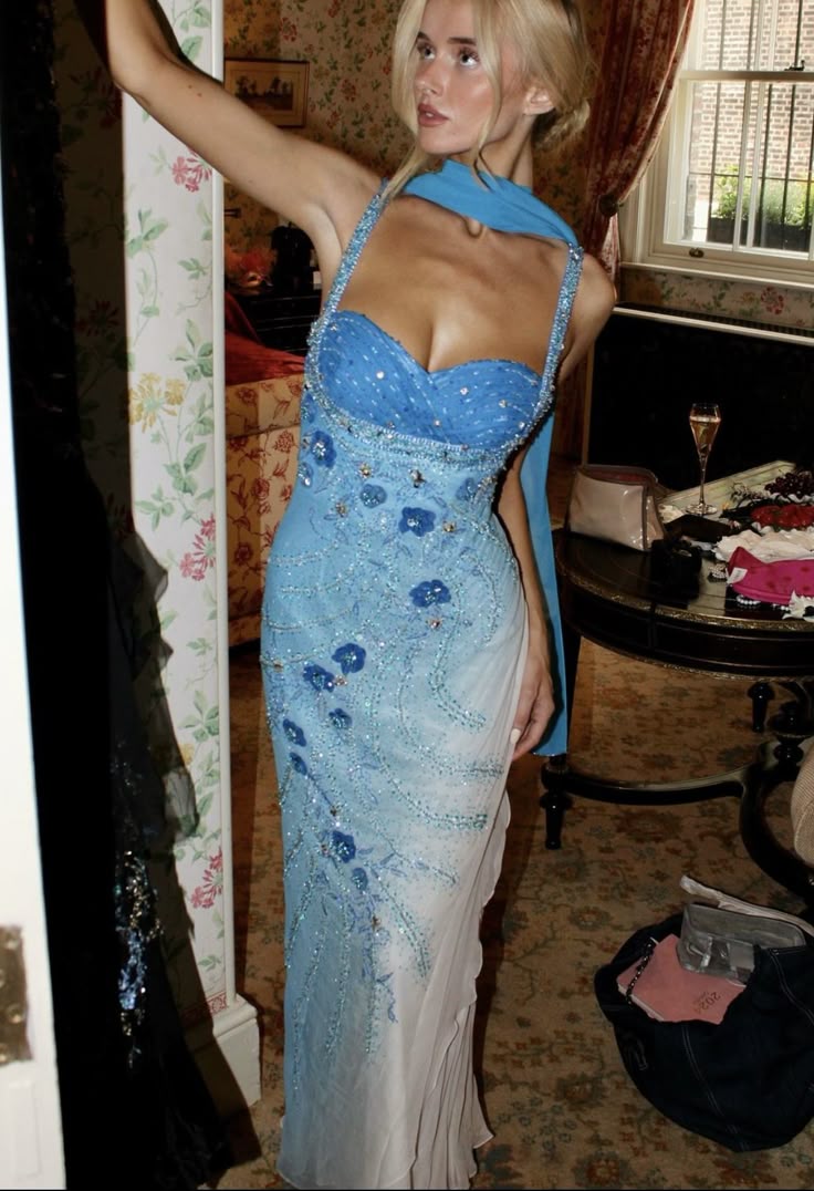 Gorgeous Sheath Strap Beaded Blue Ombre Chiffon Prom Dress Graduation Prom Dress SH2613