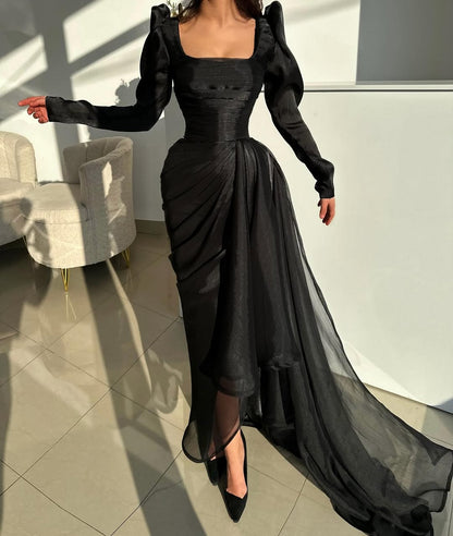 Elegant Long Square Sleeves Mermaid Pleated Prom Dress