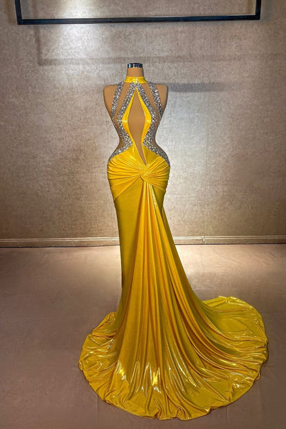 Sexy Gold Sleeveless Halter Straps Beads Long Prom Dress