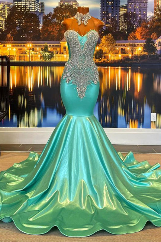 Chic Sleeveless Mermaid Jade Prom Dress Beaded With Appliques
