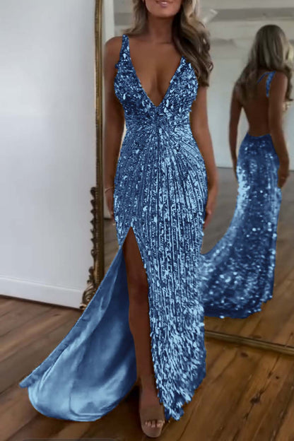 Charming Gold Sequins Spaghetti Strap Sleeveless V Neck Long Prom Dress with Split