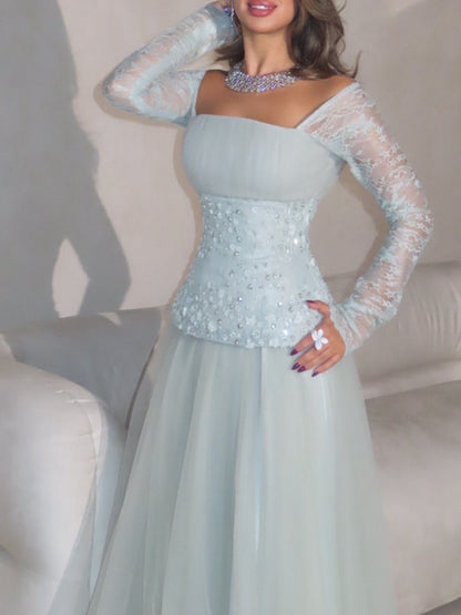 Stunning Long Sleeves Strapless Square Beads Tulle Prom Dress
