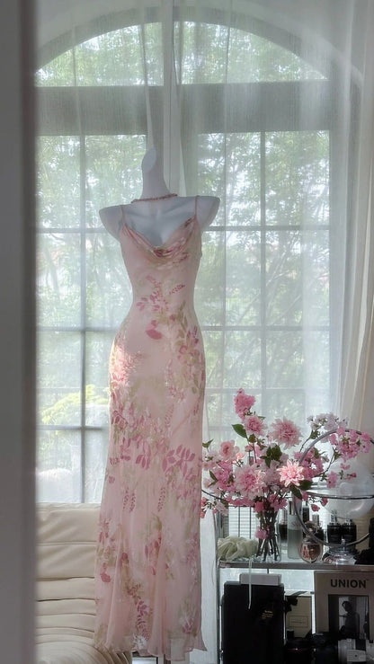Flowy Elegant Pink Print Floral Beaded Chiffon Evening Dress Party Dress SH3473