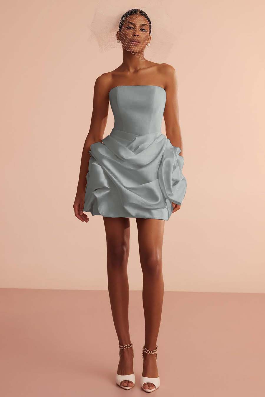 Exquiste Cream Satin Strapless Sleeveless Short Prom Dress with Pleated
