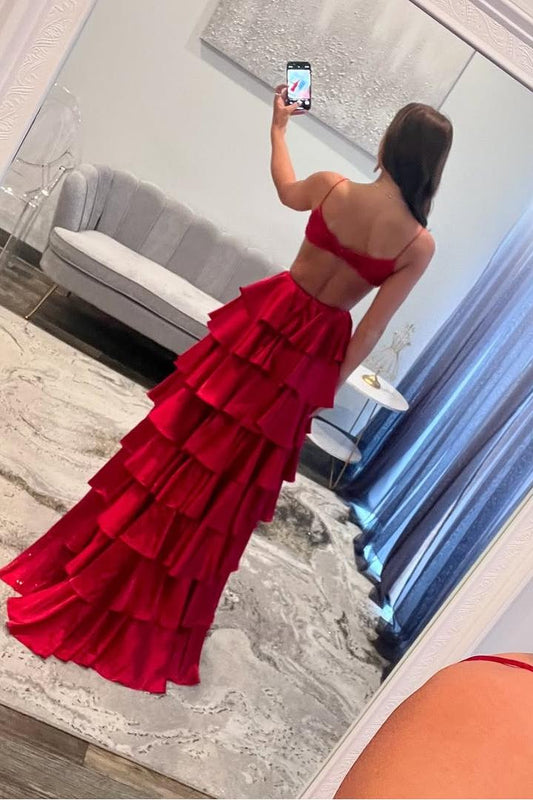 Stunning Red Spaghtti Strap V Neck Sleeveless Split Prom Dress with Ruffles