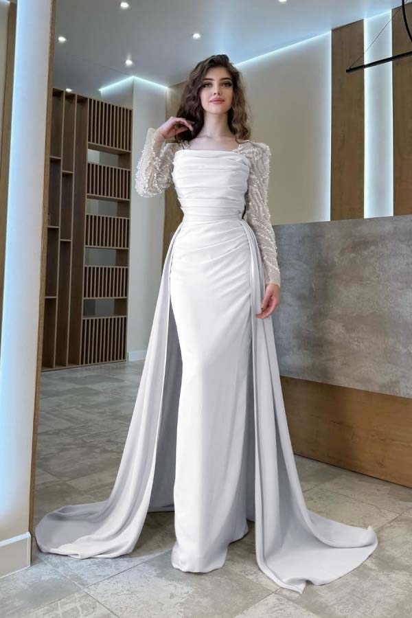 Gentle Beaded Long Sleeves Prom Dress With Detachable Trail