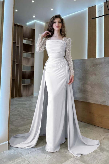 Gentle Beaded Long Sleeves Prom Dress With Detachable Trail