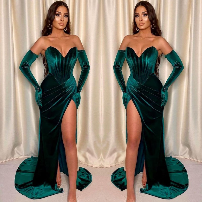 Mermaid V-Neck Evening Dress With Gloves Front Split Dark Green