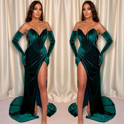 Mermaid V-Neck Evening Dress With Gloves Front Split Dark Green