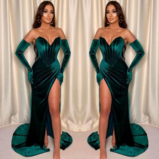 Mermaid V-Neck Evening Dress With Gloves Front Split Dark Green