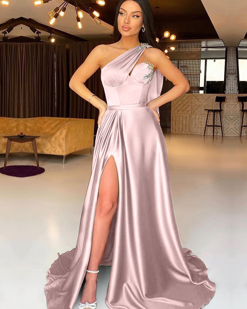 One-Shoulder Dark Green Beadings Slit Evening Dress Mermaid