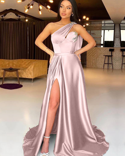 One-Shoulder Dark Green Beadings Slit Evening Dress Mermaid
