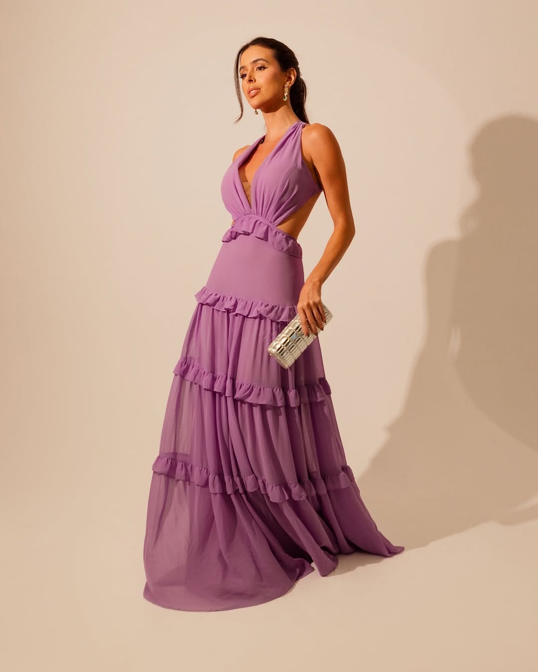 Sleeveless Deep V-Neck Halter Straps A-Line Prom Dress With Ruffles