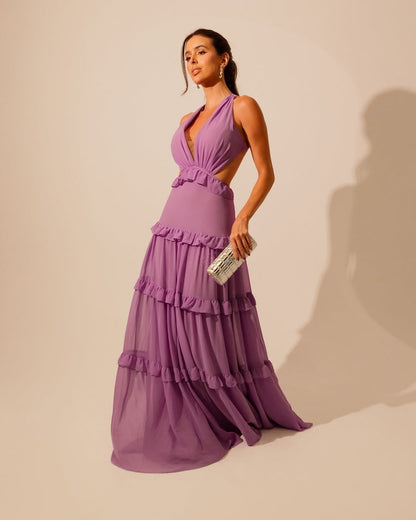 Sleeveless Deep V-Neck Halter Straps A-Line Prom Dress With Ruffles