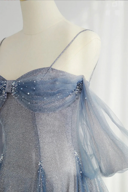 Glitter Blue Tulle A-Line Evening Dress, Blue Off Shoulder Prom Dress with Puff Sleeves  fg8738