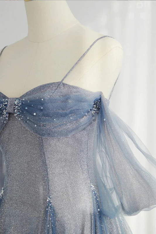 Glitter Blue Tulle A-Line Evening Dress, Blue Off Shoulder Prom Dress with Puff Sleeves  fg8738