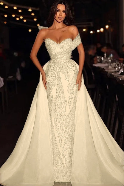 Baby Blue Embroidery Sleeveless Strapless One-Shoulder Mermaid Beads Prom Dress