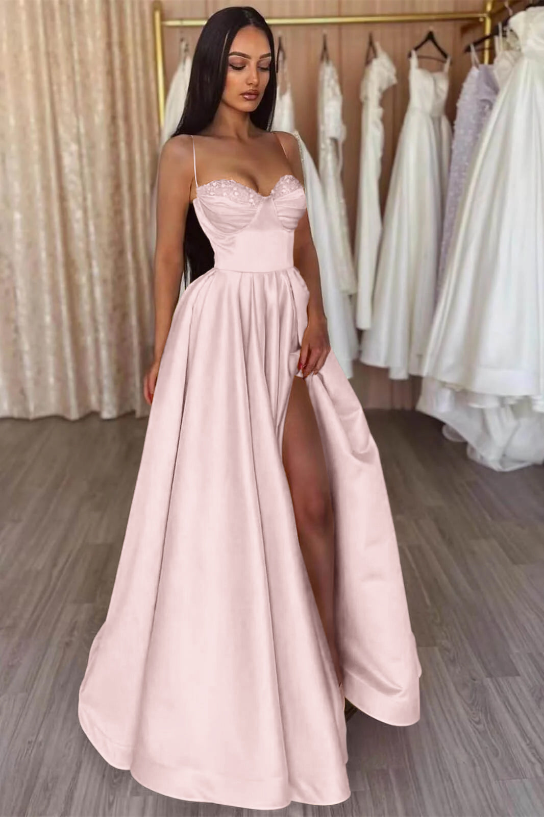 Yellow Slit Evening Dress A Line With Spaghetti-Straps