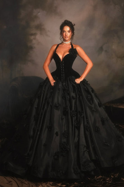 Black Sleeveless Halter Straps A-Line Prom Dress With Handmade Flower