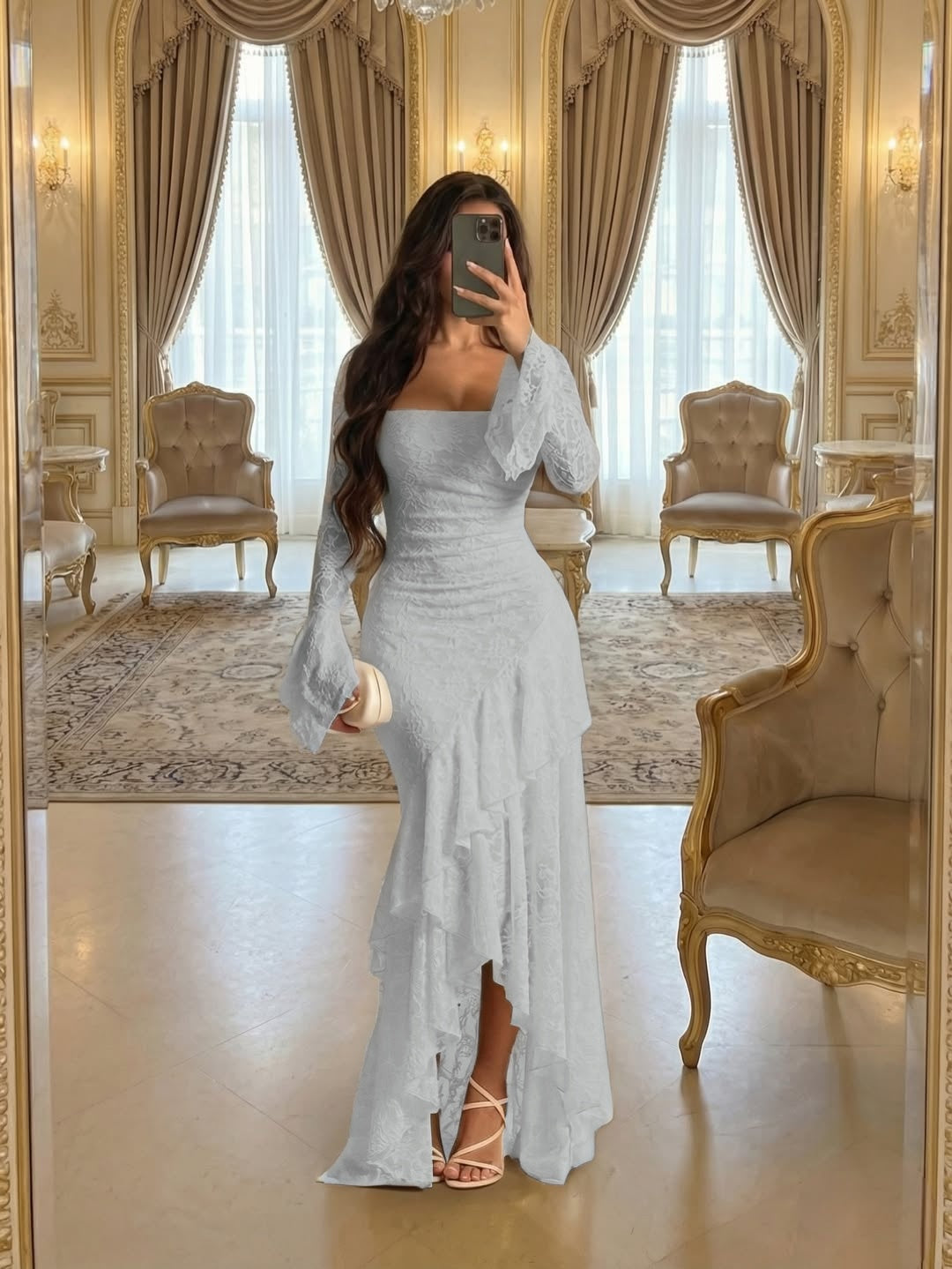 Elegant Cream Square Long Sleeves Ruffles Lace Evening Dress