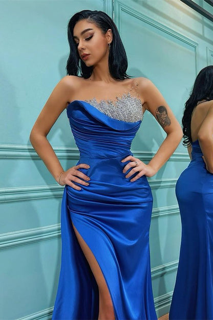 Strapless Sleeveless Slit Royal Blue Mermaid Evening Dress With Beadings