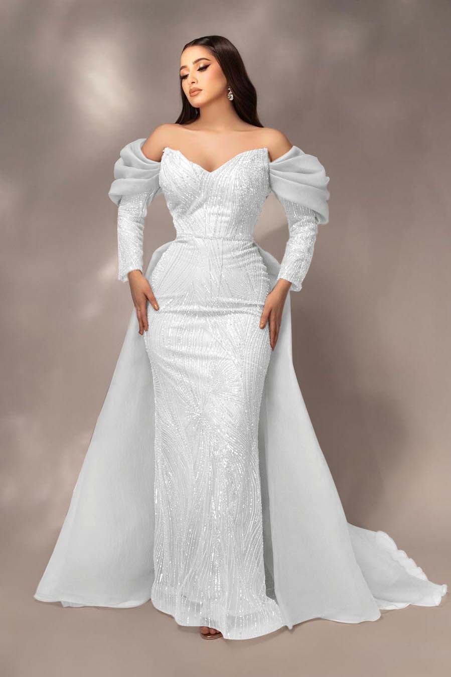 Glamorous Sequins Off the Shoulder Long Sleeves Mermaid Prom Dress with Pleated