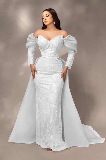 Glamorous Sequins Off the Shoulder Long Sleeves Mermaid Prom Dress with Pleated