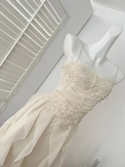 Cute A Line Spaghetti Strap Ruffle White Appliques Chiffon Party Dress Evening Dress SH2828