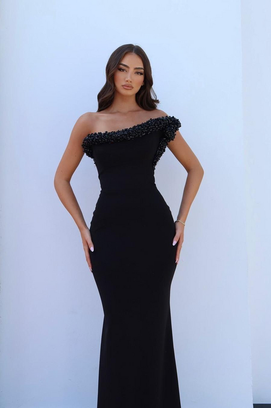 Black One Shoulder Sleeveless Mermaid Long Prom Dress With Beading
