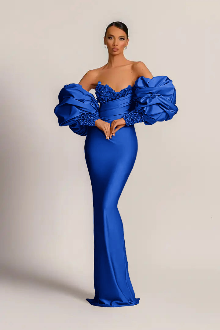 Purple Mermaid Prom Dress With Appliques Puff Sleeves