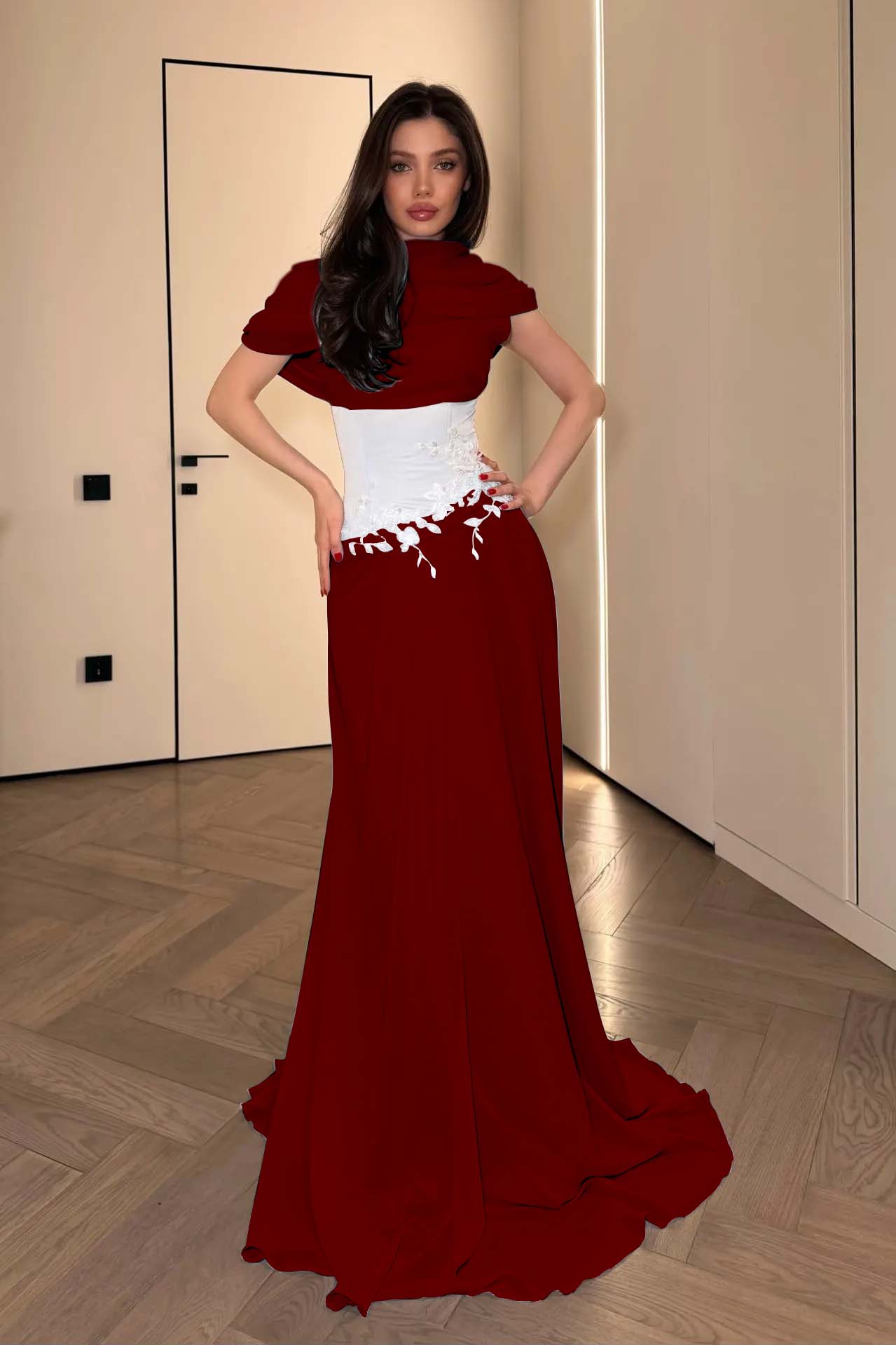 Stunning Chiffon Pleated Embroidery Evening Dress with Draped Shawl Neck