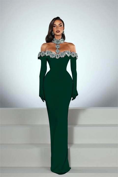 Charming Black Satin Long Sleeves Off the Shoulder Prom Dress with Beadings