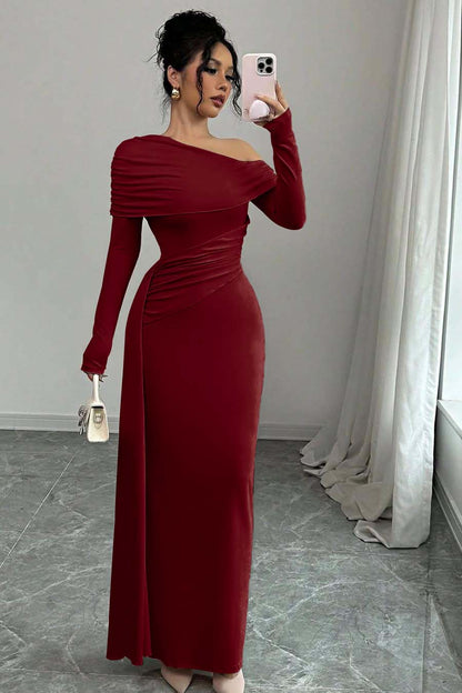 Long Sleeves One-Shoulder Pleated Mermaid Prom Dress