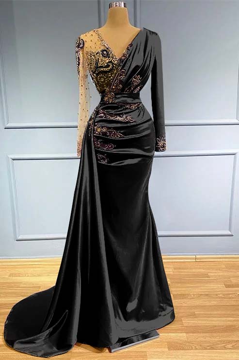 Long Sleeves Beadings Prom Dress V Neck Mermaid