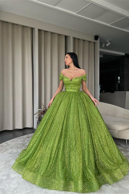 Green Off-The-Shoulder Evening Dress Ball Gown With Sequins