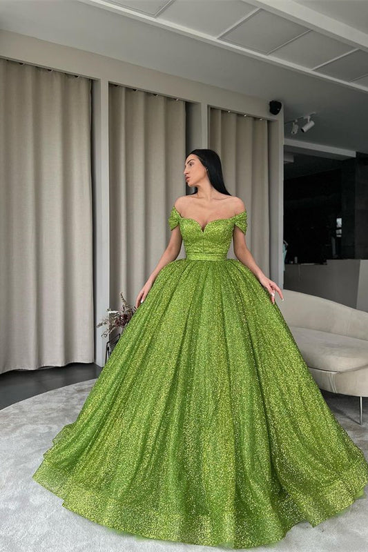 Green Off-The-Shoulder Evening Dress Ball Gown With Sequins
