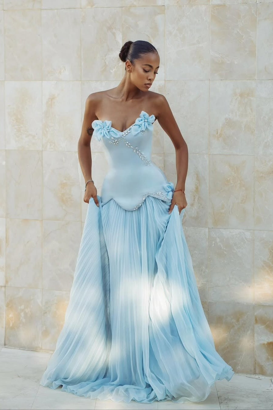 Sky Blue Sleeveless A Line Beads Prom Dress With Handmade Flower
