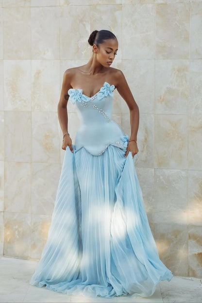 Sky Blue Sleeveless A Line Beads Prom Dress With Handmade Flower