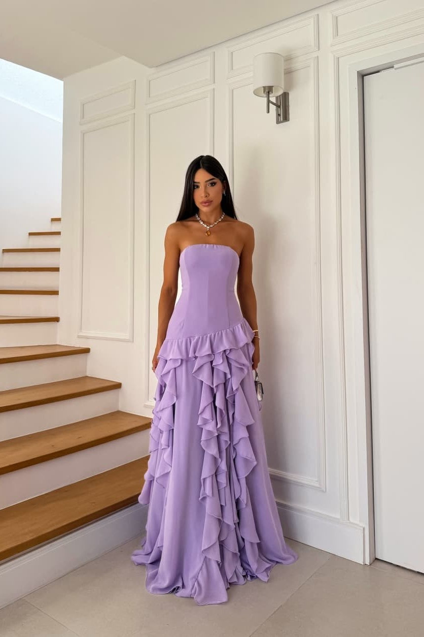Stunning Lilac Sleeveless Square Ruffles Evening Dress