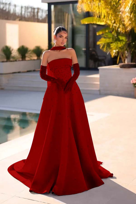 Sleeveless Strapless Long Evening Dress With Appliques Gloves