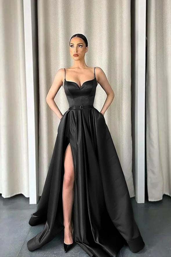 Dark Green Spaghetti-Straps A-Line V-Neck Long Prom Dress With Split