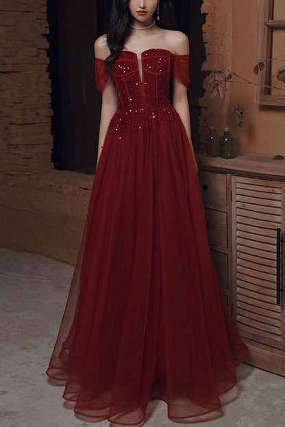Wine Red Off-The-Shoulder Evening Dress With Sequins Beads